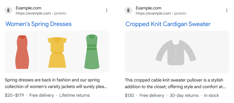 A google product listing with shipping and returns info added