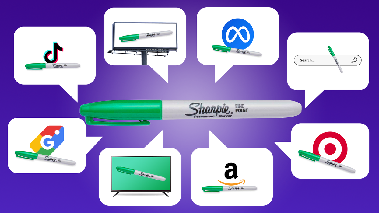 A Sharpie surrounded by thought bubbles with Amazon, Meta, TikTok, Target logos 