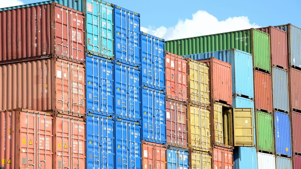 blue red and yellow intermodal containers